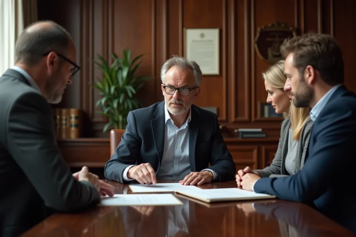 Couple signant un acte de vente immobilier chez le notaire en France avec frais de notaire