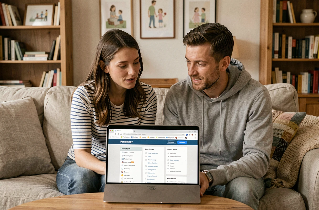 Couple de parents consultant ensemble le sitemap d'un site familial sur un canapé dans un salon chaleureux