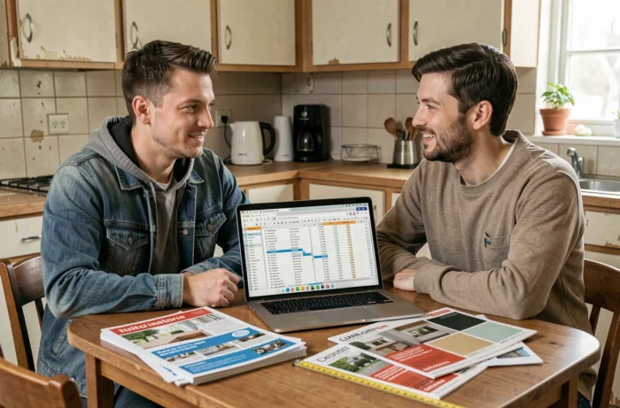 Couple planifiant le budget d'aménagement de leur cuisine avec un ordinateur portable et des brochures de matériaux