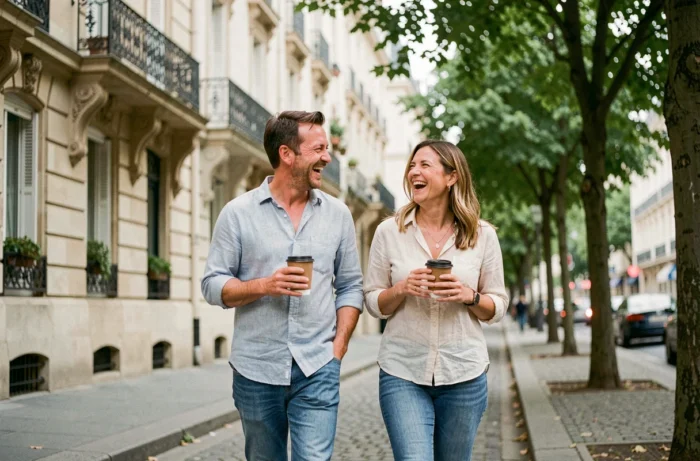 Couple parisien se promenant dans une rue calme, illustrant la vie privée et la complicité en famille