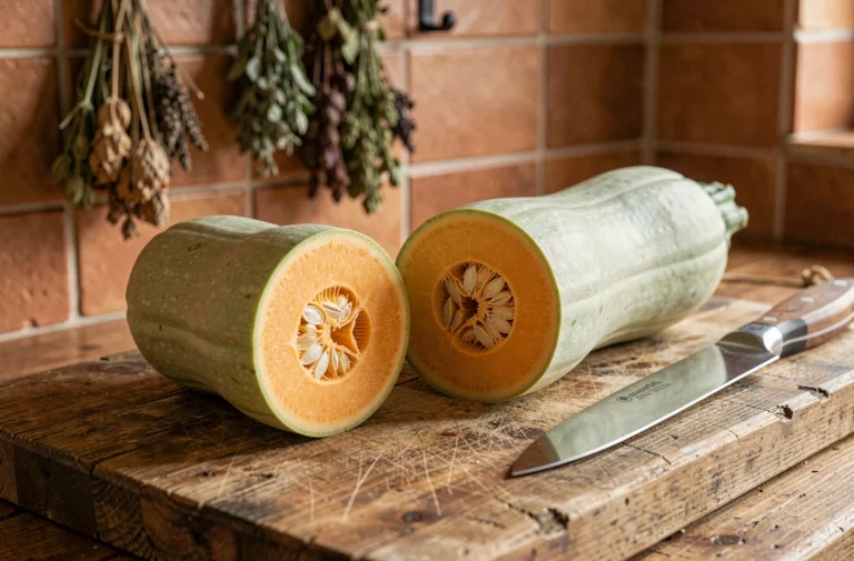Courge longue de Nice entière et coupée en deux sur une planche en bois dans une cuisine rustique