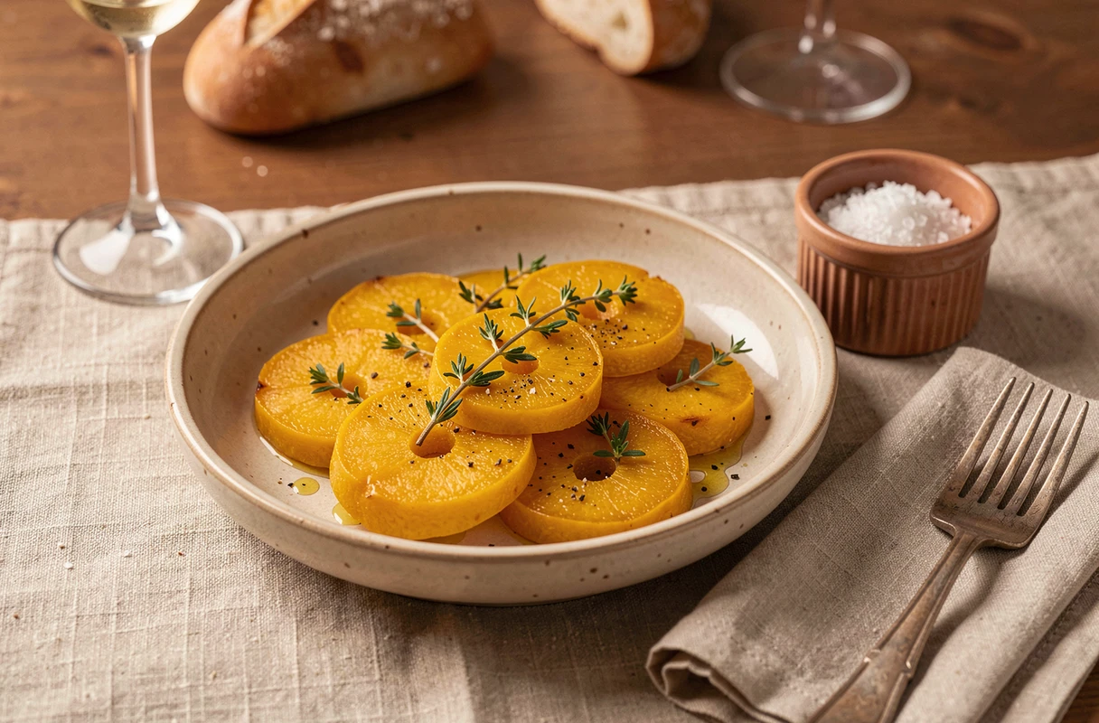 Plat de courge longue de Nice poêlée dorée dans un bol en céramique avec du thym frais et un filet d'huile d'olive
