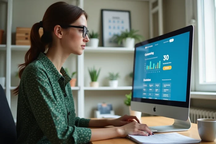 Une jeune femme gérant une campagne de crowdfunding sous règlement européen PSFP depuis son bureau à domicile