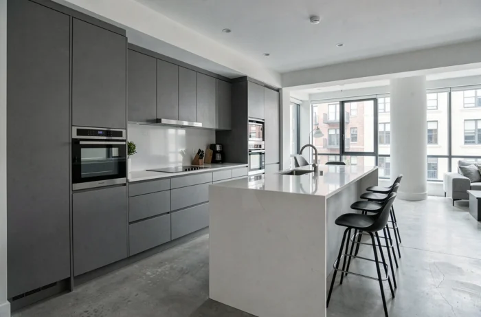 Cuisine moderne entièrement aménagée avec îlot central et équipements intégrés dans un appartement contemporain