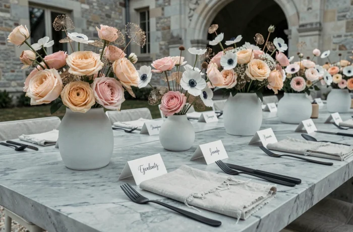 Décoration de table de mariage tendance 2024 avec arrangements floraux sculptés, vaisselle matte et calligraphie dans un château français