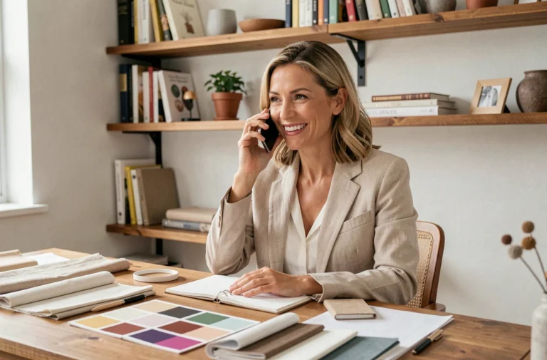 Femme décoratrice d'intérieur parlant au téléphone avec un client à son bureau entouré d'échantillons de couleurs et de matières