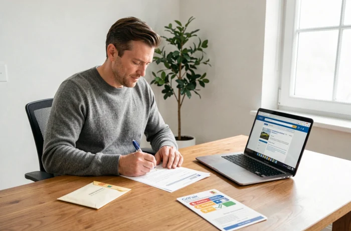Homme remplissant les démarches administratives pour obtenir une vignette Crit'Air suisse à son bureau
