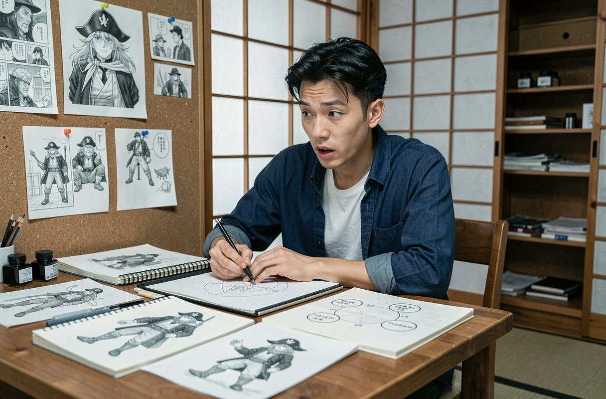Dessinateur manga concentré dans son studio japonais entouré d'esquisses de personnages de One Piece et de diagrammes d'alliances