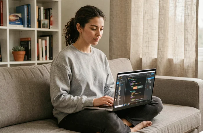 Développeuse utilisant un assistant IA sur son ordinateur portable dans un bureau à domicile confortable