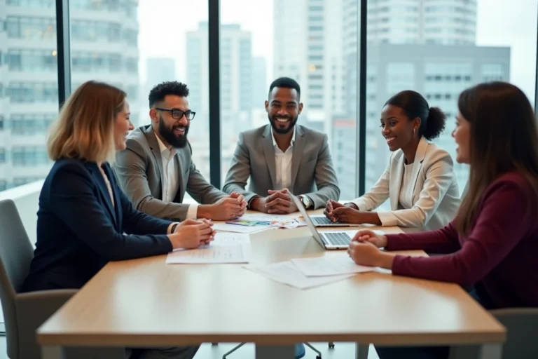 Groupe de professionnels diversifiés en réunion autour d'une table de conférence discutant de candidatures dans un bureau moderne