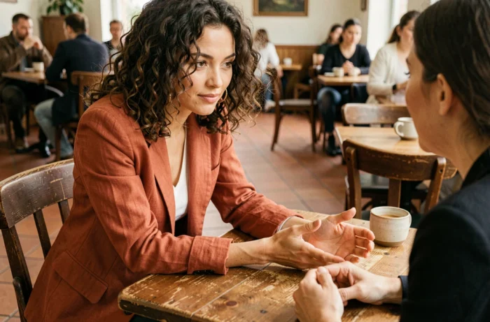Une femme pratique l'écoute active avec des signaux visibles d'engagement lors d'une conversation dans un café