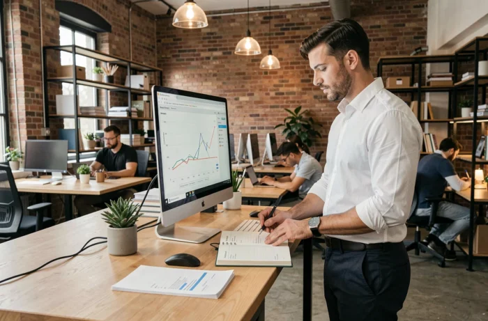 Jeune entrepreneur masculin analysant les performances de son business en ligne dans un espace de coworking moderne avec des données analytiques sur écran