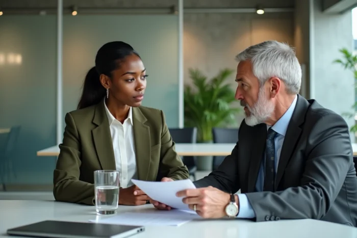 Jeune femme noire en entretien d'embauche face à un recruteur dans un bureau moderne illustrant la diversité et l'inclusion