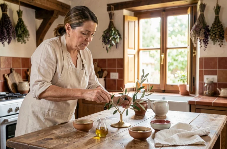 Femme entretenant un objet en or végétal avec de l'huile naturelle dans une cuisine provençale rustique