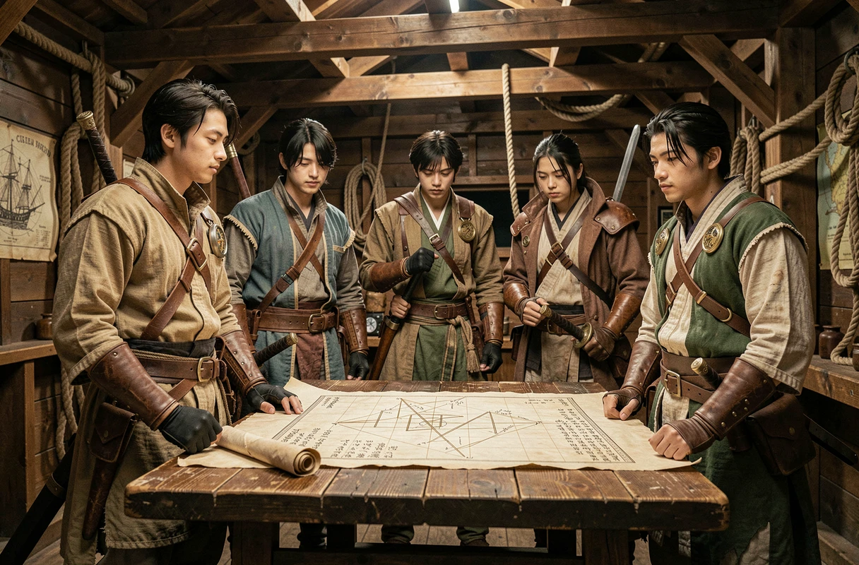 Groupe de cosplayeurs déguisés en équipage de One Piece réunis autour de cartes nautiques dans une cabine de navire en bois