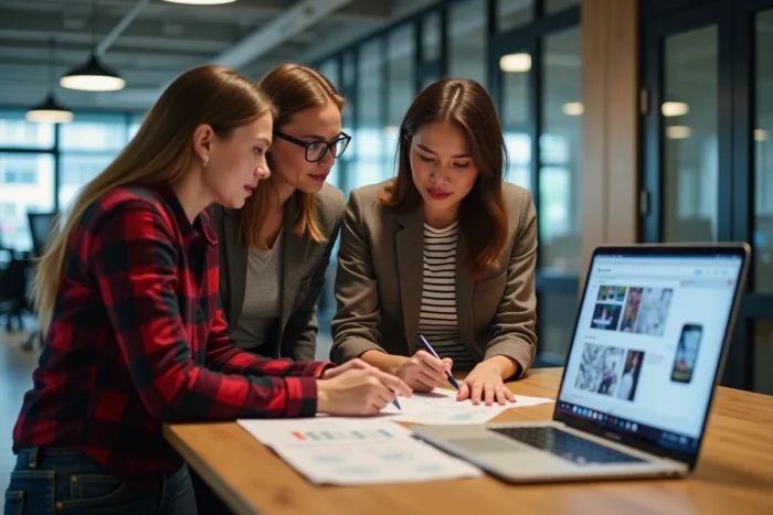 Équipe créative collaborant sur un storyboard de campagne motion design dans un espace de coworking