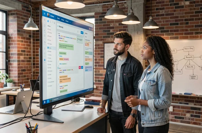 Deux développeurs collaborant sur un tableau de bord de revue de code assisté par intelligence artificielle dans un espace de travail startup
