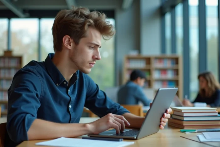 Étudiant masculin accédant à ses notes universitaires via LEO sur une tablette dans la bibliothèque de l'UGA