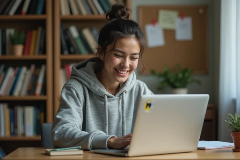 Étudiante consultant ses relevés de notes sur la plateforme LEO de l'UGA depuis son bureau en résidence universitaire