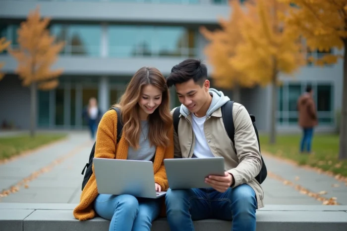 Deux étudiants consultant ensemble leurs relevés de notes UGA sur la plateforme LEO en extérieur sur le campus