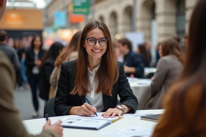 Jeune femme souriante lors d'un événement public officiel avec décor de fond brandé visible