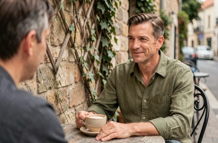Un homme évite la plainte systématique en maintenant une attitude positive et composée lors d'une conversation en terrasse