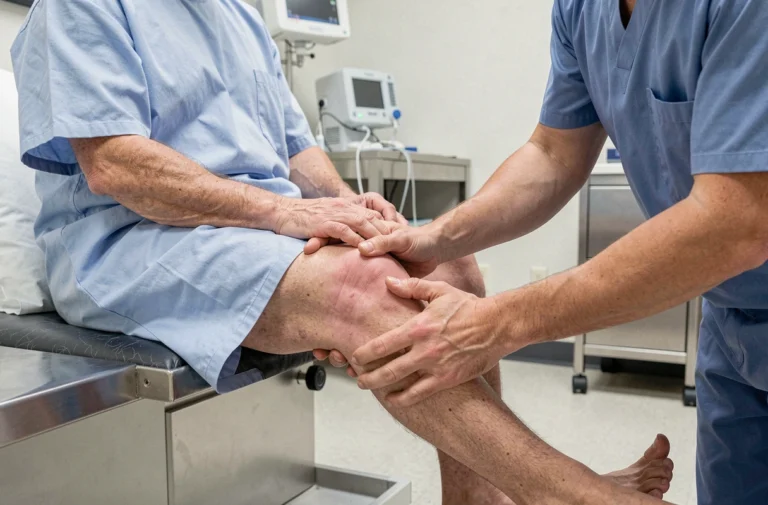 Médecin examinant la jambe enflée d'un patient adulte atteint d'anasarque lors d'une consultation médicale