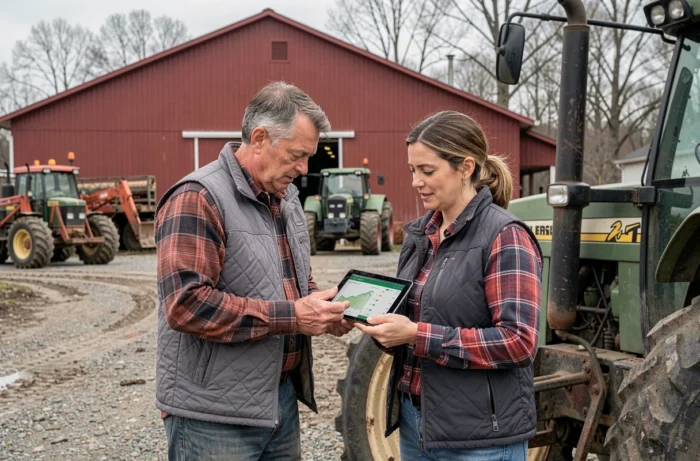 Deux exploitants agricoles consultant des données UTH sur une tablette dans une cour de ferme