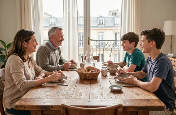 Famille réunie autour d'un repas dans un appartement parisien, illustrant la vie de famille et l'intimité du quotidien