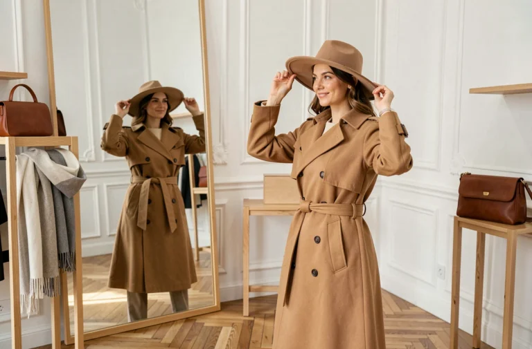 Femme élégante ajustant un chapeau à larges bords devant un miroir dans une boutique parisienne, accessoires tendance camel et cuir