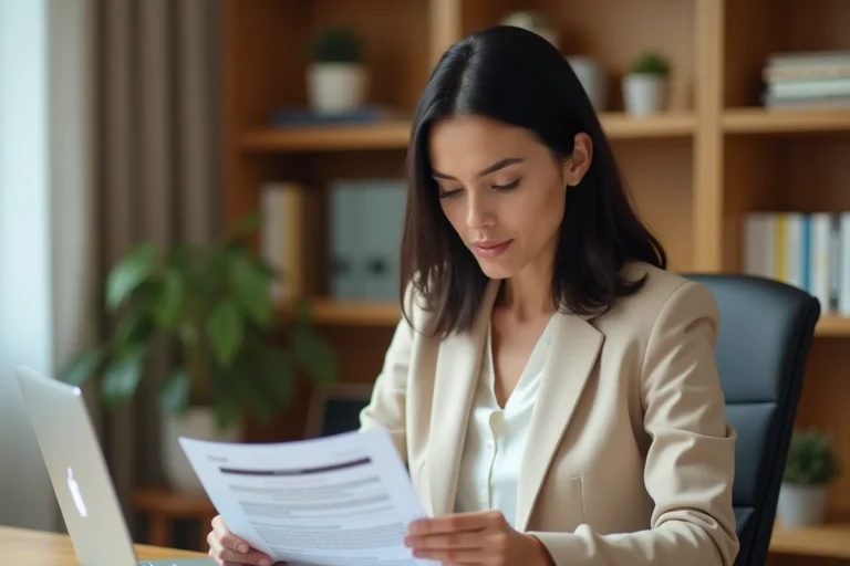 Femme consultant des documents d'assurance auto à son bureau à domicile avec un ordinateur portable ouvert
