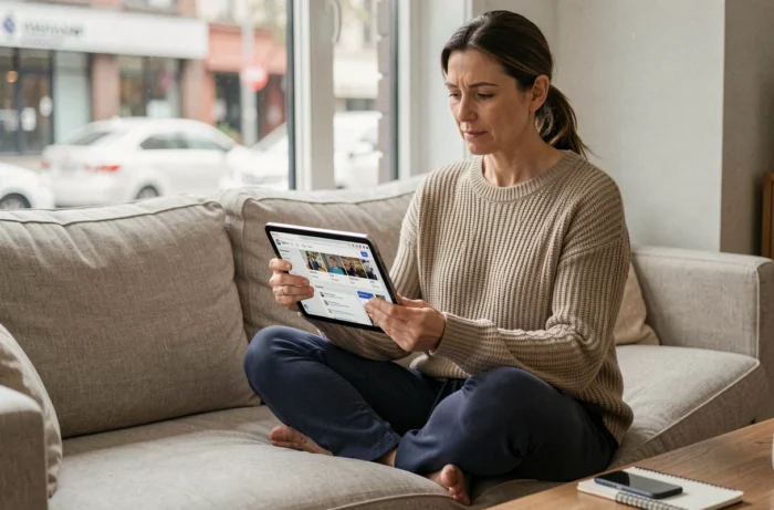 Femme chef d'entreprise gérant sa stratégie de marketing sur les réseaux sociaux depuis son salon avec une tablette numérique