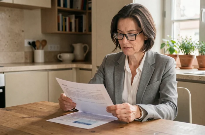 Femme d'une cinquantaine d'années comparant des documents de mutuelle santé à la maison