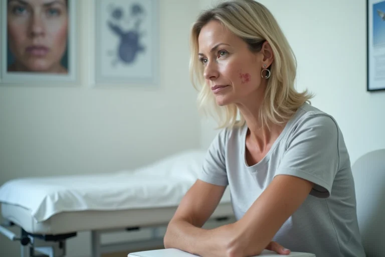 Femme atteinte de maladie auto-immune consultant un dermatologue pour des démangeaisons cutanées