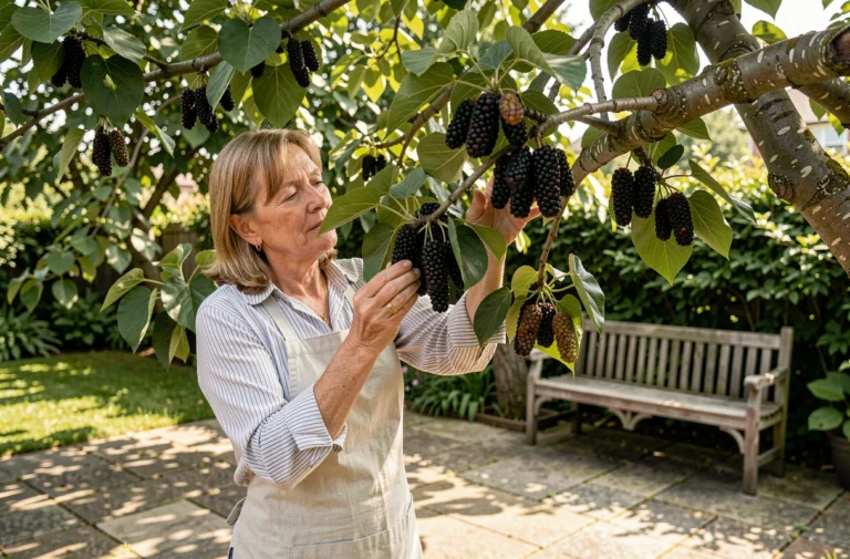 Femme examinant des mûres mûres sur un mûrier platane dans un jardin résidentiel ensoleillé