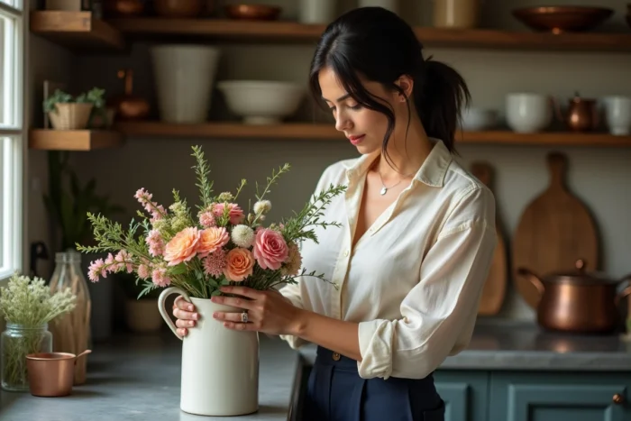 Femme française arrangeant des fleurs fraîches dans une cuisine parisienne authentique, incarnant le lifestyle et l'art de vivre à la française