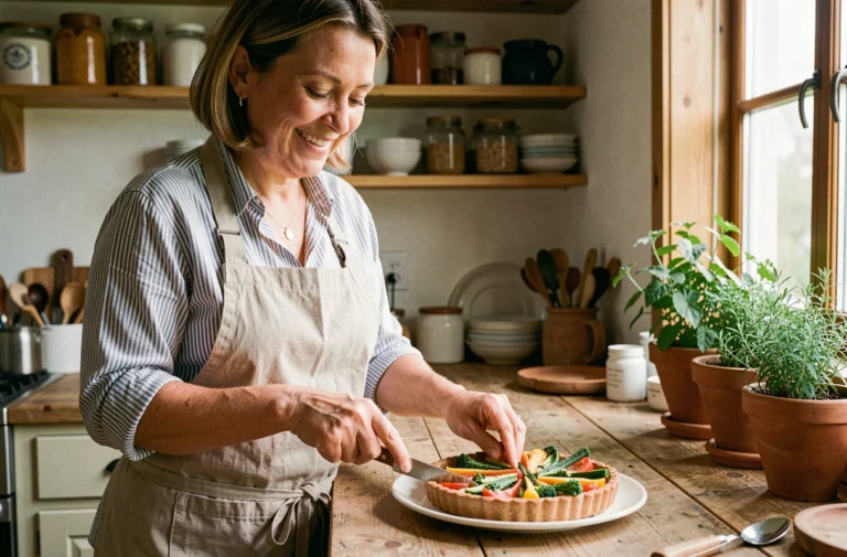 Femme en tablier de lin dressant une tarte aux légumes colorée sur un comptoir en bois rustique dans une cuisine accueillante