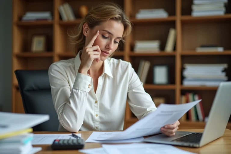 Femme consultante examinant les coûts d'achat immobilier sur des documents posés sur un bureau en bois