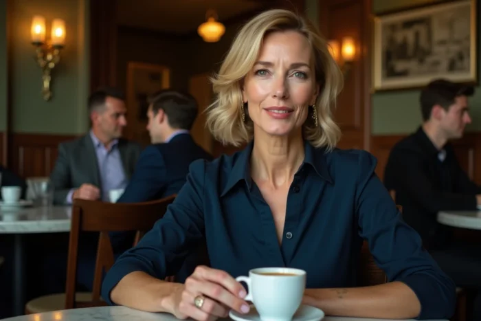 Femme élégante dans la cinquantaine attablée dans une brasserie parisienne classique, ambiance portrait éditorial intime