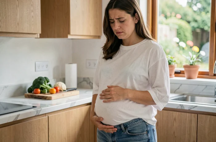 Femme enceinte debout dans une cuisine moderne, la main posée sur le bas-ventre avec une expression de gêne légère pendant la grossesse