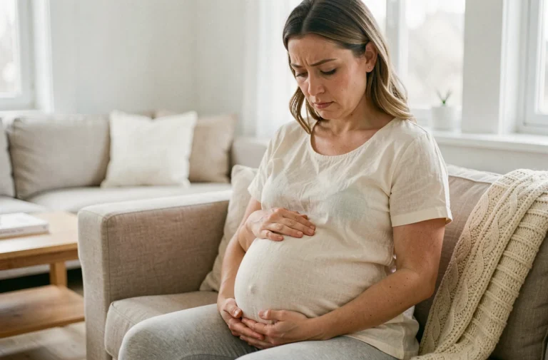 Femme enceinte au troisième trimestre tenant son ventre avec les deux mains, assise sur un canapé beige dans un salon scandinave lumineux