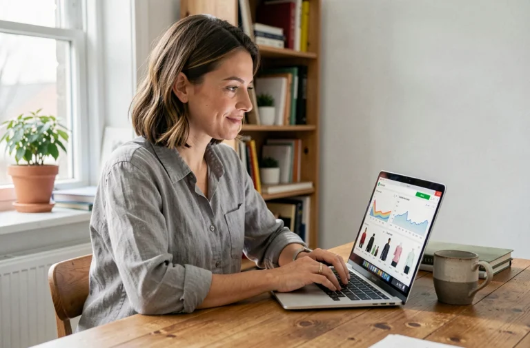 Femme entrepreneur travaillant sur son business en ligne depuis son bureau à domicile avec un tableau de bord e-commerce affiché sur son ordinateur portable