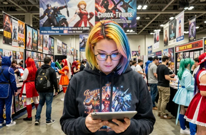 Femme geek portant un sweat à capuche fantastique et naviguant sur une tablette dans une convention de culture pop animée