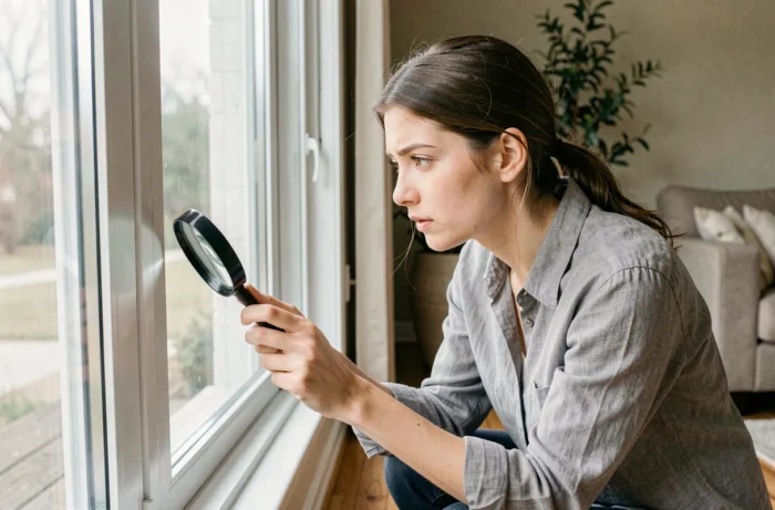 Femme inspectant le joint d'une fenêtre à la recherche de petits insectes noirs avec une loupe