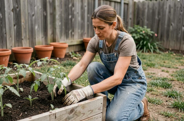 Femme jardinant dans un potager surélevé en bois au printemps, entourée de jeunes plants de légumes
