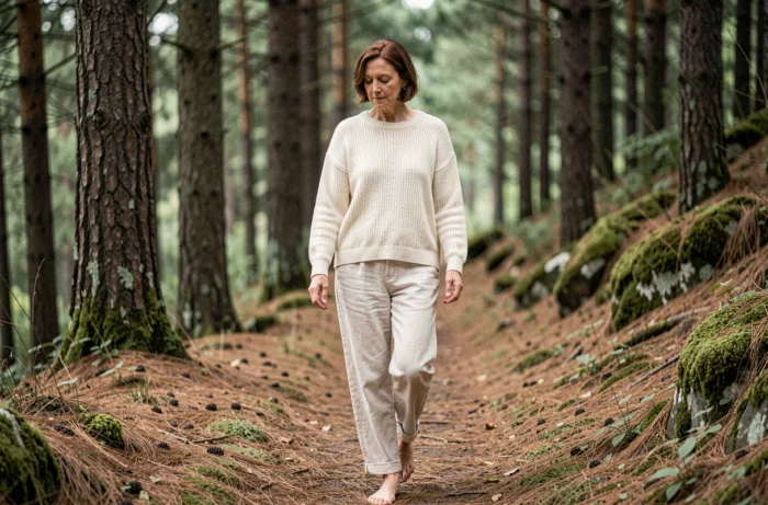 Femme marchant pieds nus sur un sentier forestier paisible pour se ressourcer et retrouver énergie et bien-être grâce à la nature