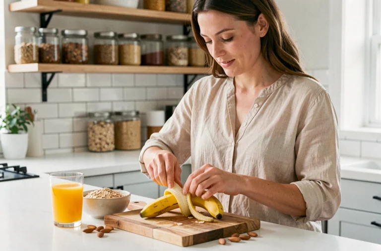 Femme préparant un petit déjeuner sain avec une banane dans une cuisine lumineuse