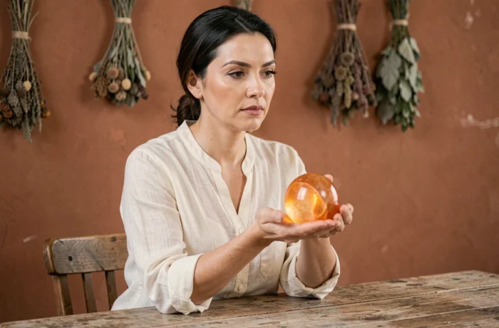 Femme tenant une sphère de pierre de soleil orange polie dans sa main ouverte dans un intérieur au style naturel