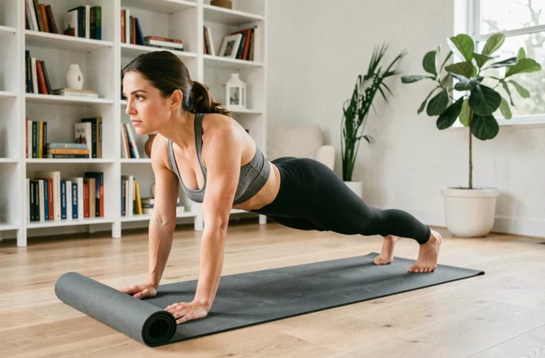 Femme faisant un exercice de planche sur un tapis de yoga dans un salon moderne et lumineux pour une séance de fitness à domicile