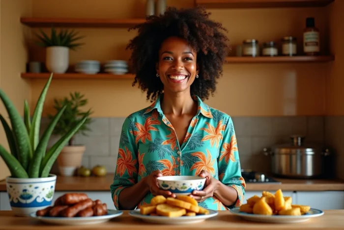 Femme préparant un apéro créole festif avec boudin et plantain frit dans une cuisine colorée